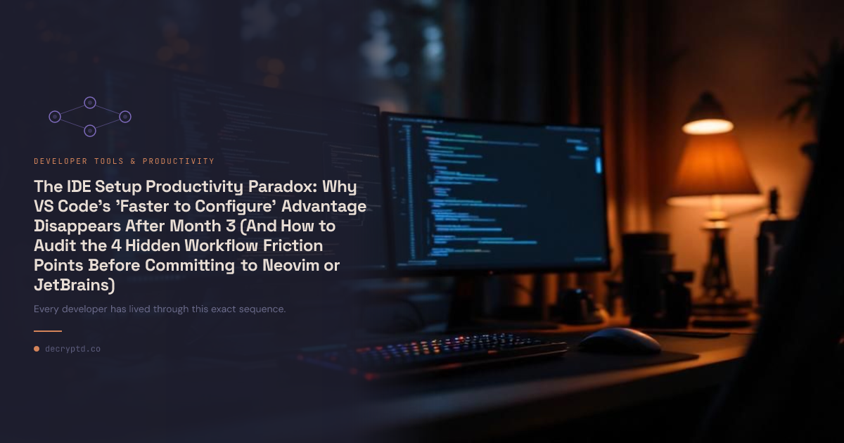 VS Code JetBrains Neovim productivity comparison abstract tech illustration showing IDE setup workflow efficiency