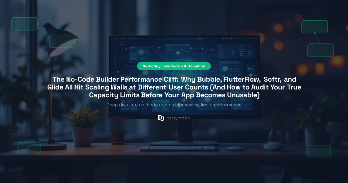 No-code app builder scaling limits performance comparison chart showing Bubble, FlutterFlow, Softr, and Glide hitting capacity walls at different user counts