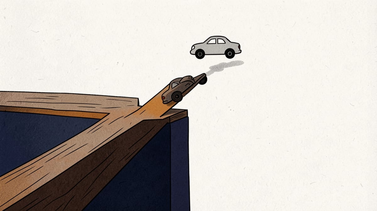 Toy car suspended mid-air at the edge of a wooden ramp that drops off vertically into empty space.