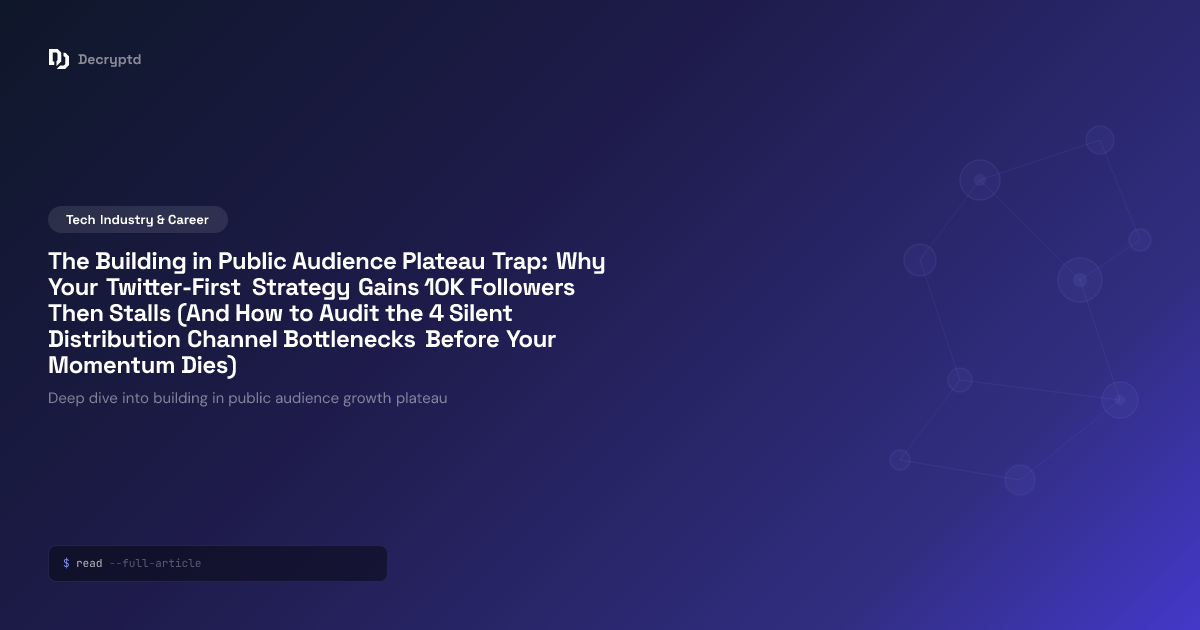 Abstract minimalist tech illustration showing building in public audience growth plateau with stalled momentum and distribution channel bottlenecks visualization