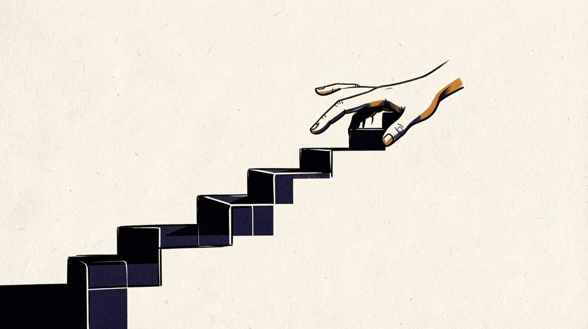Staircase made of blocks ending abruptly mid-climb, with a builder's hand frozen reaching toward an invisible next step.