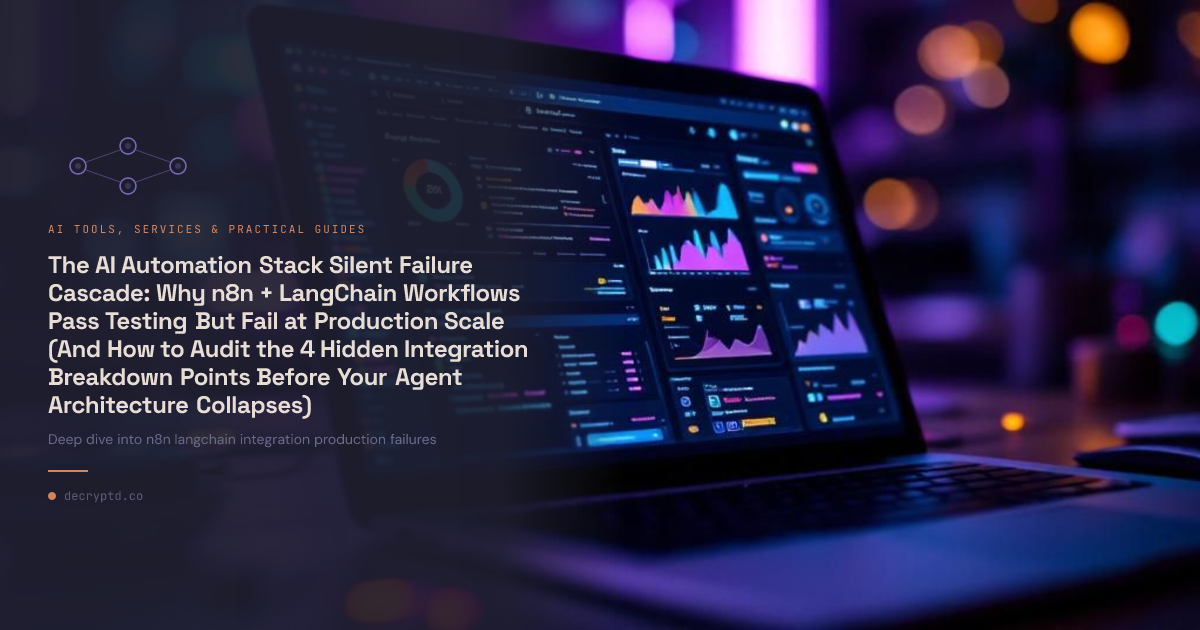 AI automation workflow diagram showing n8n and LangChain integration failure points, abstract tech illustration for production scale debugging