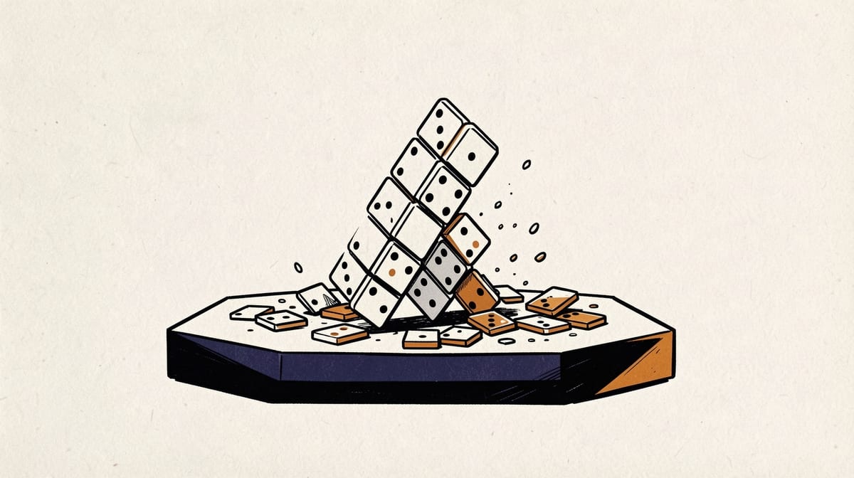 Domino structure on laboratory scale topples when moved to larger platform, with pieces scattering beyond contained area.