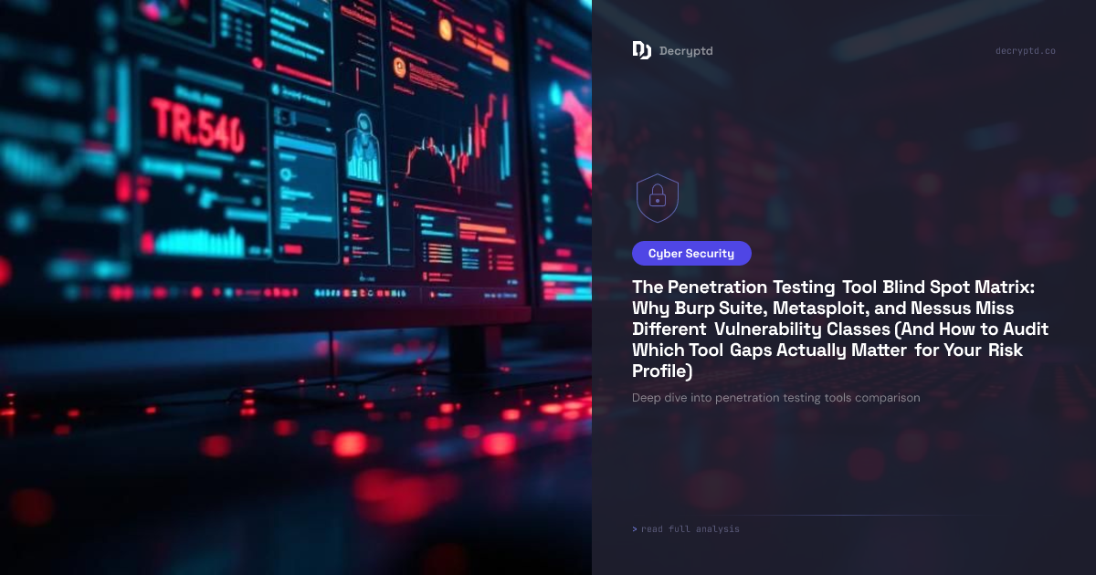 Abstract tech illustration comparing penetration testing tools gaps, Burp Suite Metasploit Nessus vulnerability detection blind spots