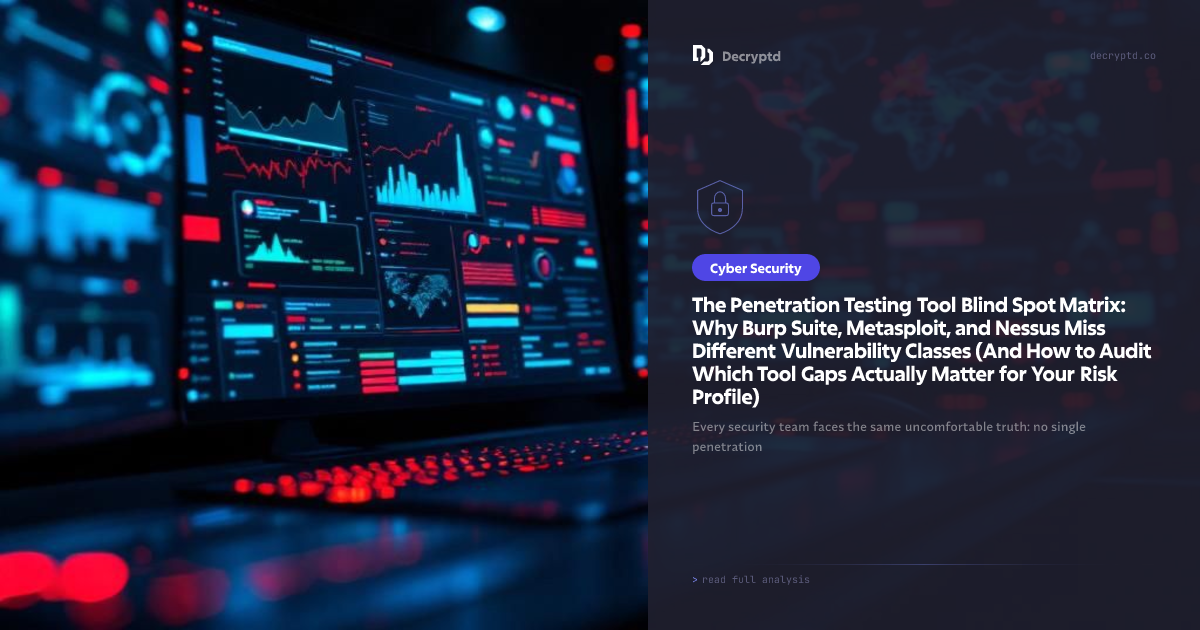 Abstract tech illustration comparing penetration testing tools gaps, Burp Suite Metasploit Nessus vulnerability detection blind spots