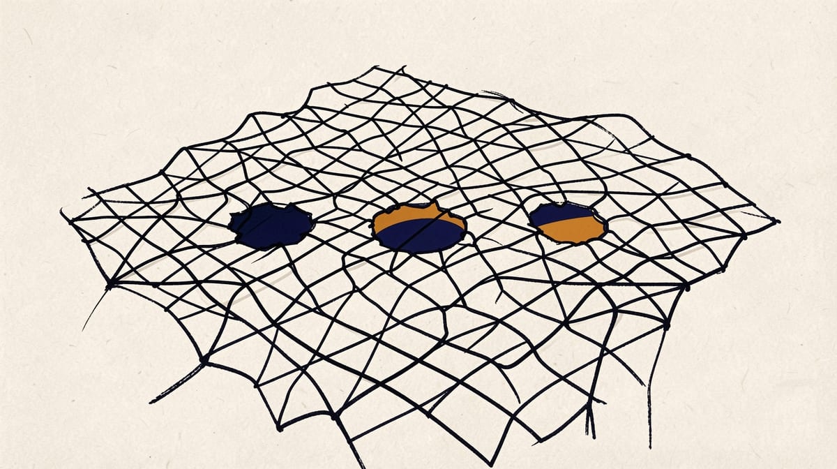 Security net spread across a table with three holes of different sizes and shapes, revealing gaps underneath.