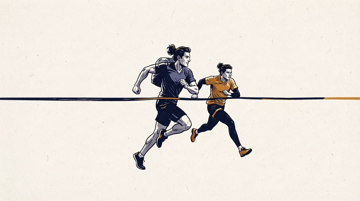 Runner crossing finish line while second runner carrying heavy load trails behind despite starting ahead.
