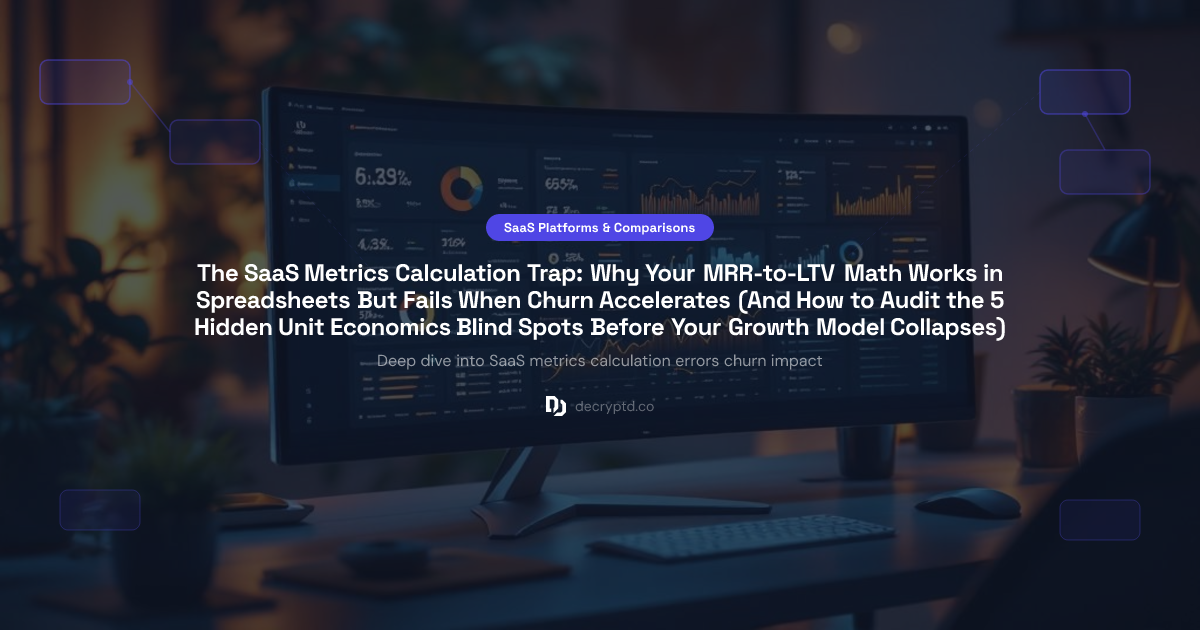 Abstract tech illustration showing interconnected nodes and declining growth curves representing SaaS metrics calculation errors and churn impact on unit economics