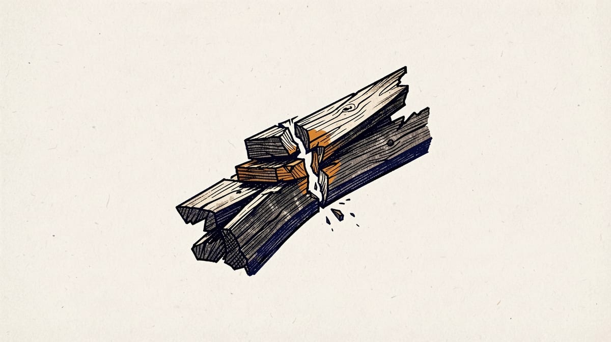Wooden beam bending and splintering under progressively stacked weights, with visible breaking point at overload.