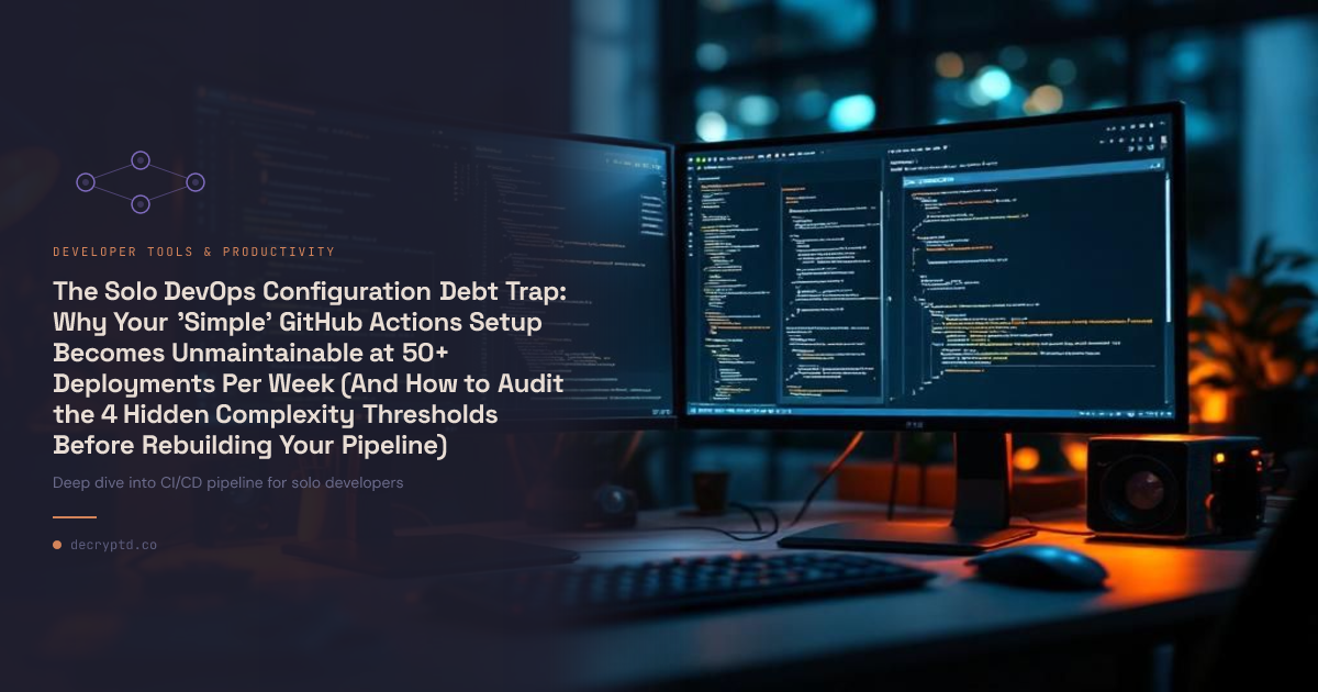 Abstract minimalist tech illustration showing complex CI/CD pipeline for solo developers with interconnected nodes and workflow automation systems