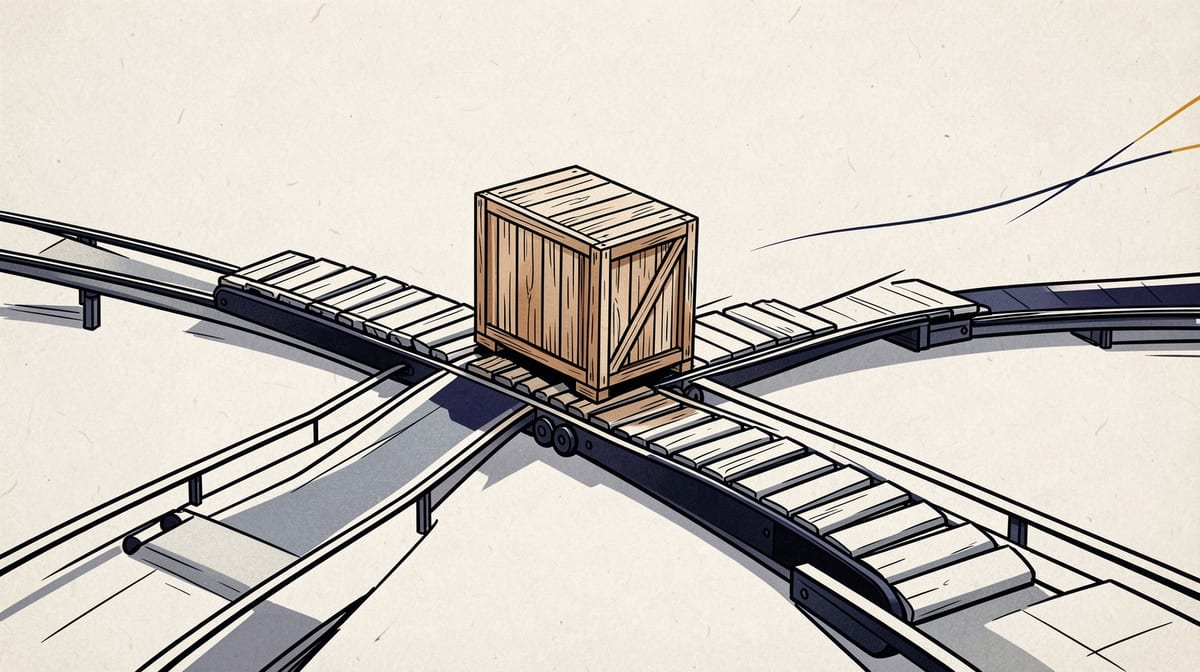 Wooden crate straining at joints as it splits across multiple parallel conveyor belt tracks branching from a single loading point.