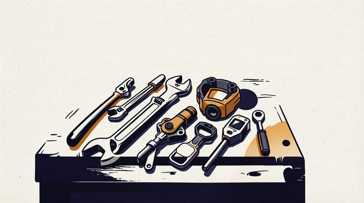 Workbench with traditional tools like a wrench being set aside while specialized security instruments are arranged in their place.