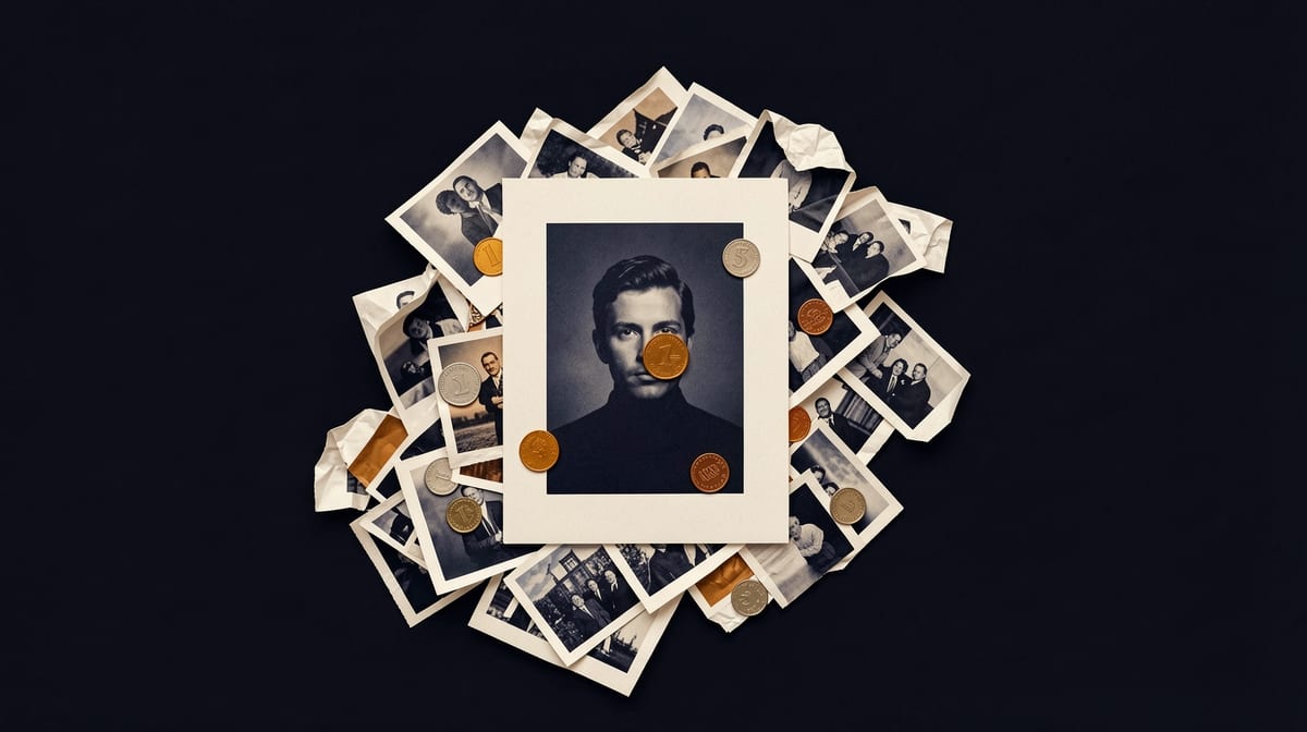 Pile of crumpled, discarded photographs surrounding one perfect print, with coins scattered across the rejected images.