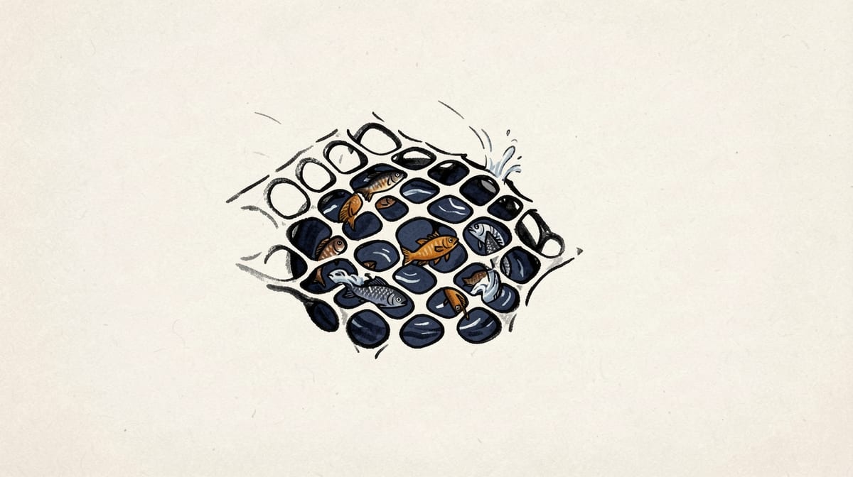 A fishing net with large irregular holes allows water to flow through while small fish are trapped and larger fish swim past untouched.
