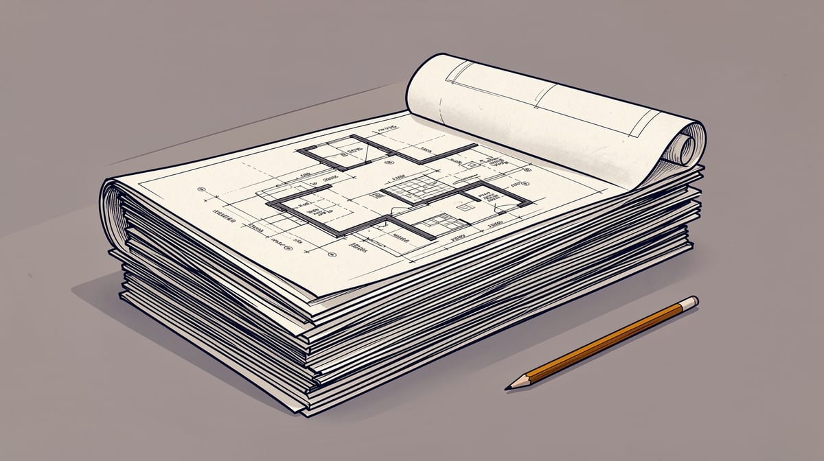 A large stack of architectural blueprints on a desk with the top sheet partially unrolled and an unused pencil beside it.