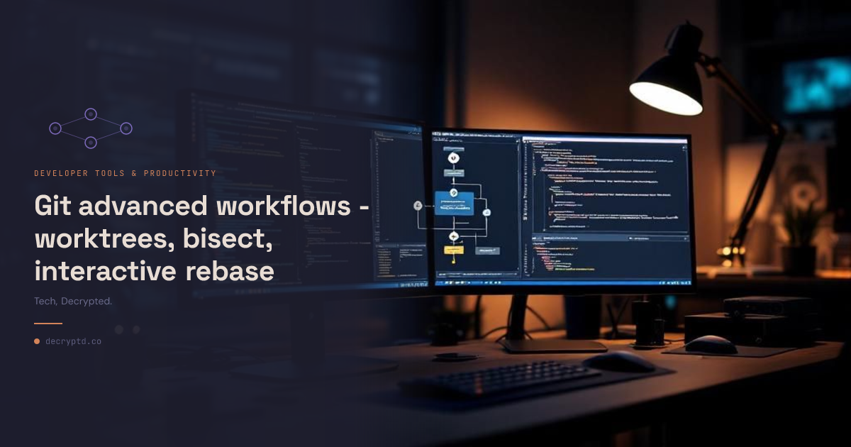 Abstract minimalist tech illustration representing Git advanced workflows including worktrees, bisect, and interactive rebase techniques