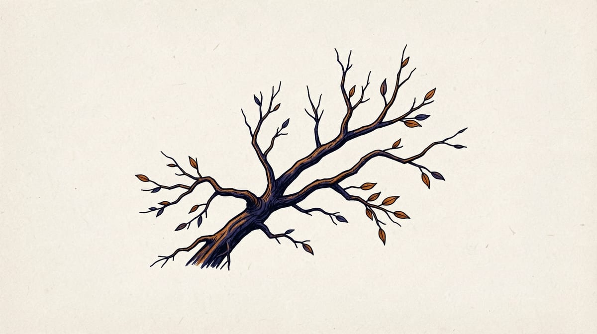 Tree branch with multiple smaller branches sprouting at different angles, one branch stripped of leaves to reveal its underlying structure.