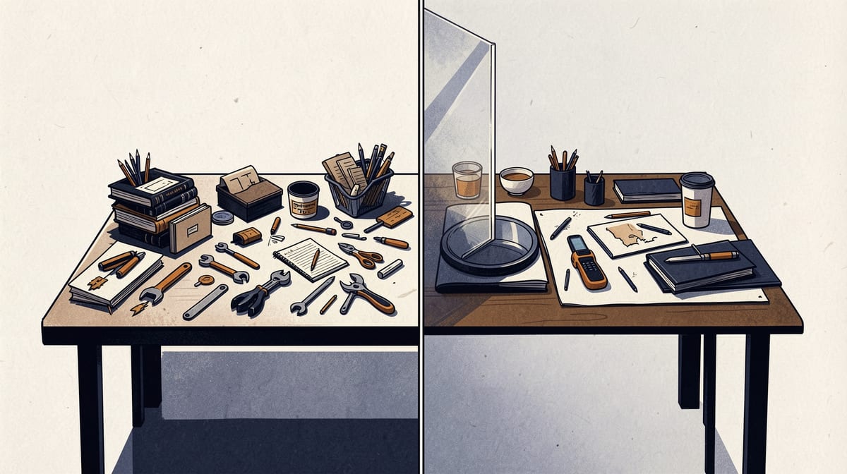 Work table split in half: left side shows scattered tools and messy unfinished projects; right side displays the same work polished and organized, separated by