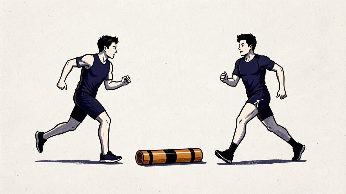 A relay baton lies on the ground between two runners who have passed each other and continue forward without looking back.