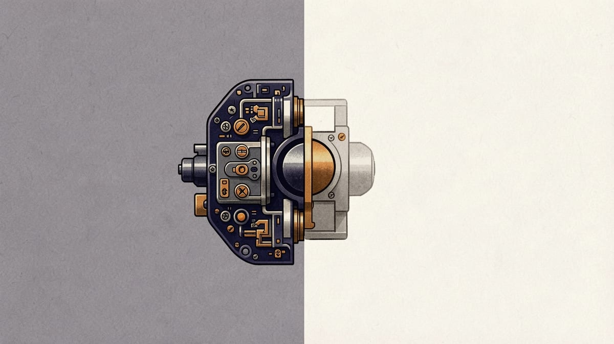 Product split vertically: left half shows intricate locks and sensors, right half bare and exposed, both connected to shared core mechanism below.