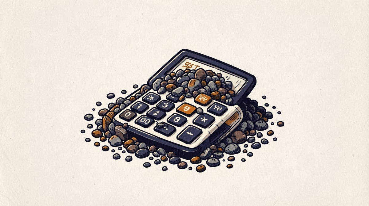 Calculator displaying a budget being buried under cascading pebbles, each representing hidden charges or fees.
