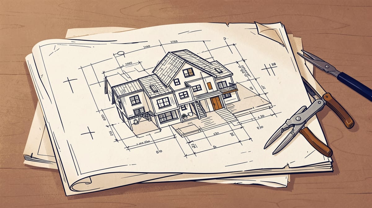 Architectural blueprint of a building spread on a table with burglar tools positioned nearby, suggesting criminal study of building plans.