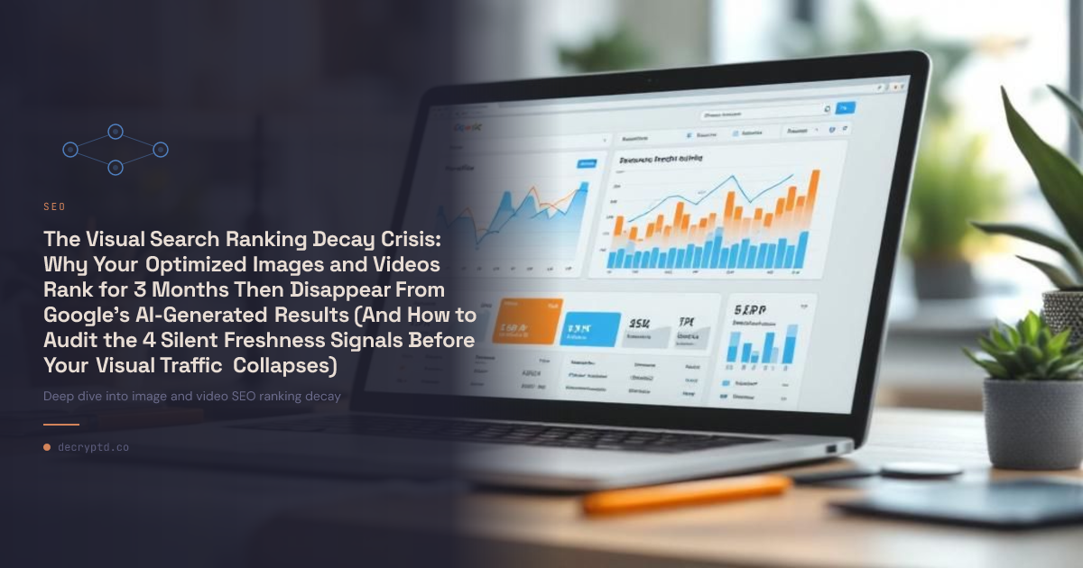 Abstract minimalist tech illustration showing image and video SEO ranking decay with declining visual search performance metrics and AI algorithm visualization