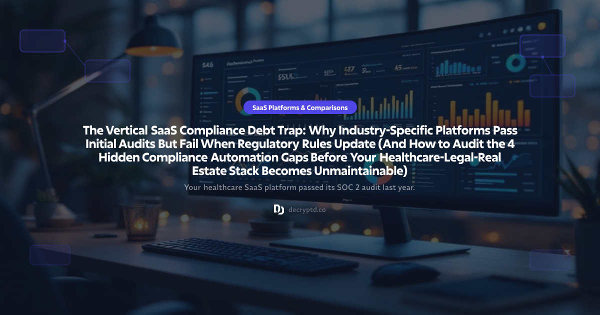 Abstract minimalist tech illustration showing vertical SaaS compliance automation gaps and regulatory update challenges for healthcare legal real estate platforms