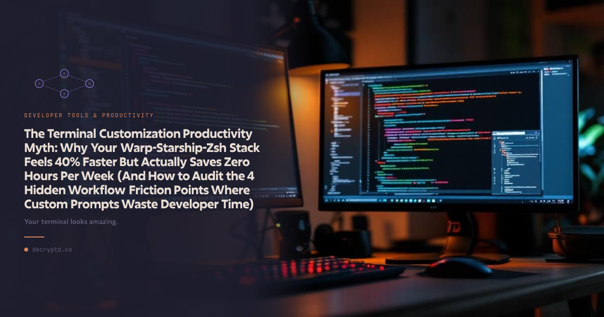 Abstract minimalist tech illustration showing terminal productivity tools and workflow optimization concepts debunking productivity myths