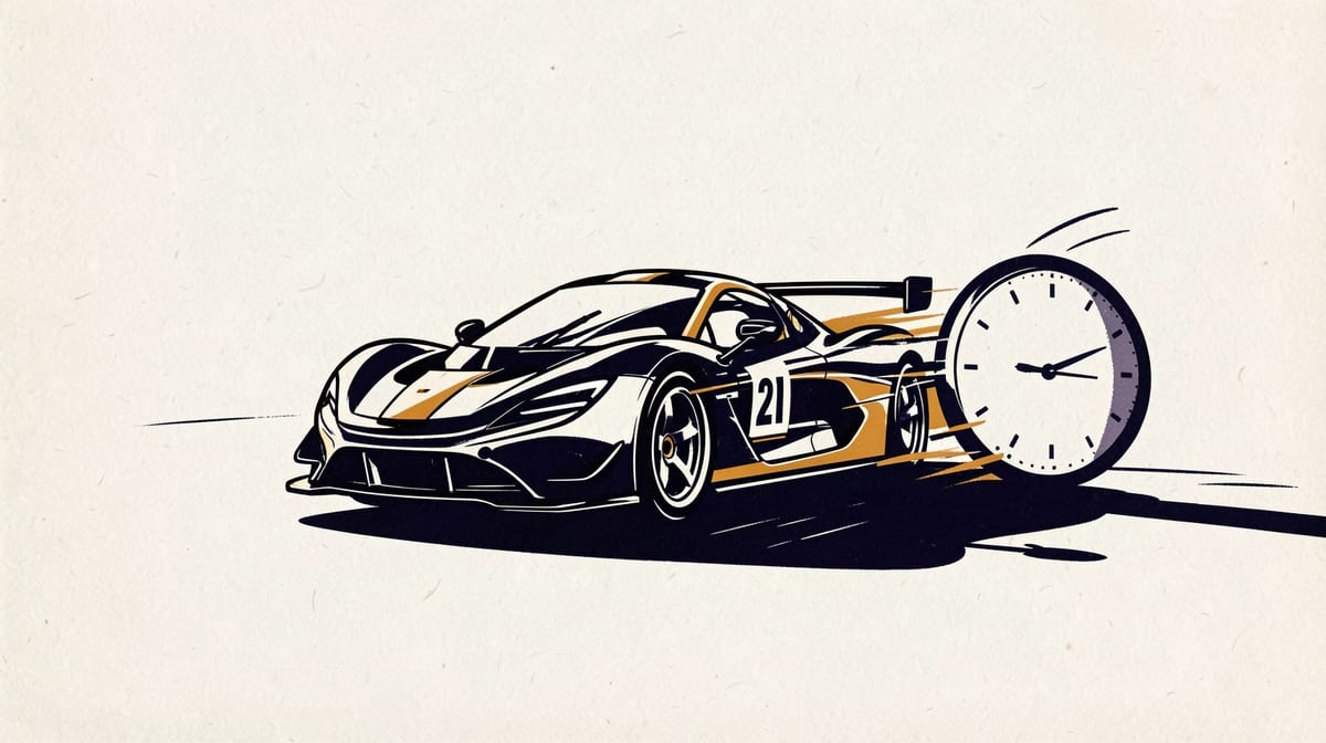 Race car crossing finish line at full speed with clock showing identical start and end times on the track.