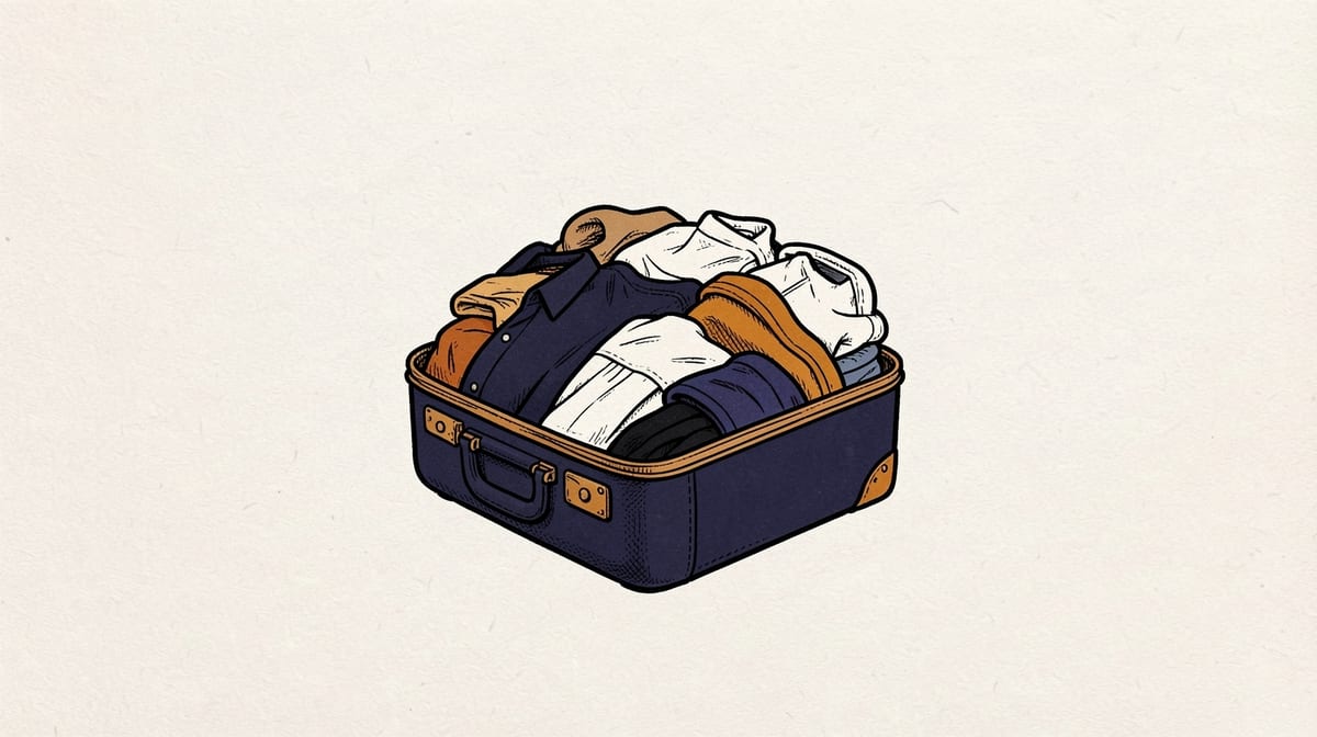 Suitcase of branded clothes being forcibly transferred into a differently-shaped suitcase, with items bunching up and getting stuck at the edges.