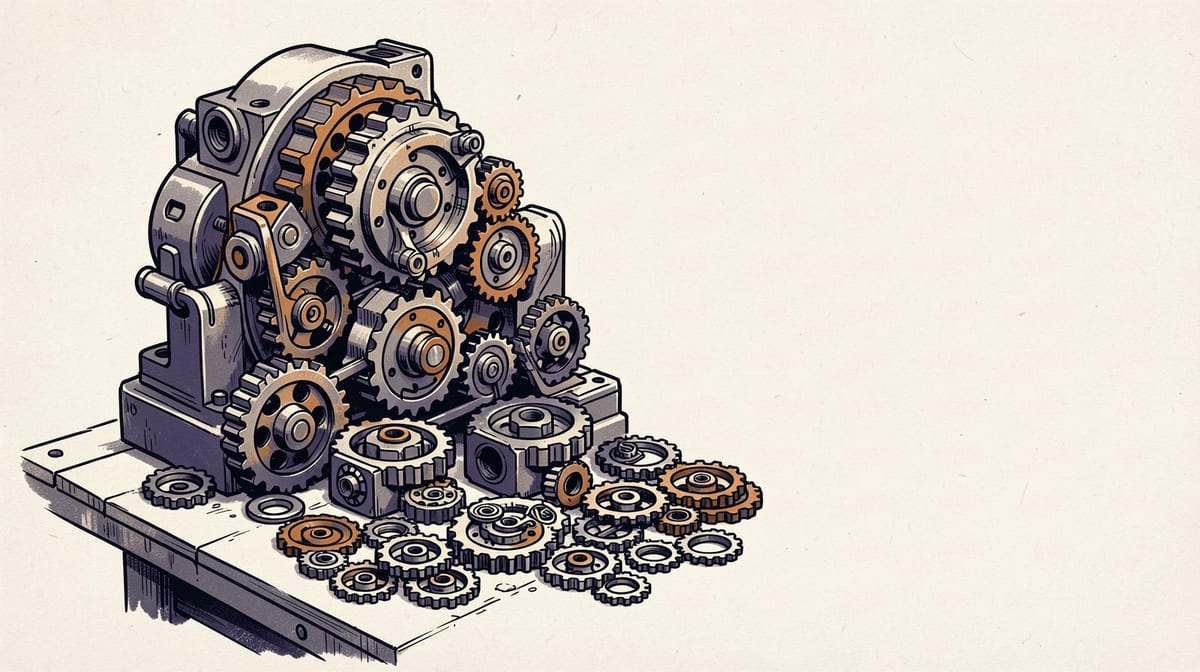Gears and mechanical parts organized neatly on a workbench, then shown scattered and jammed in a vibrating assembled machine.
