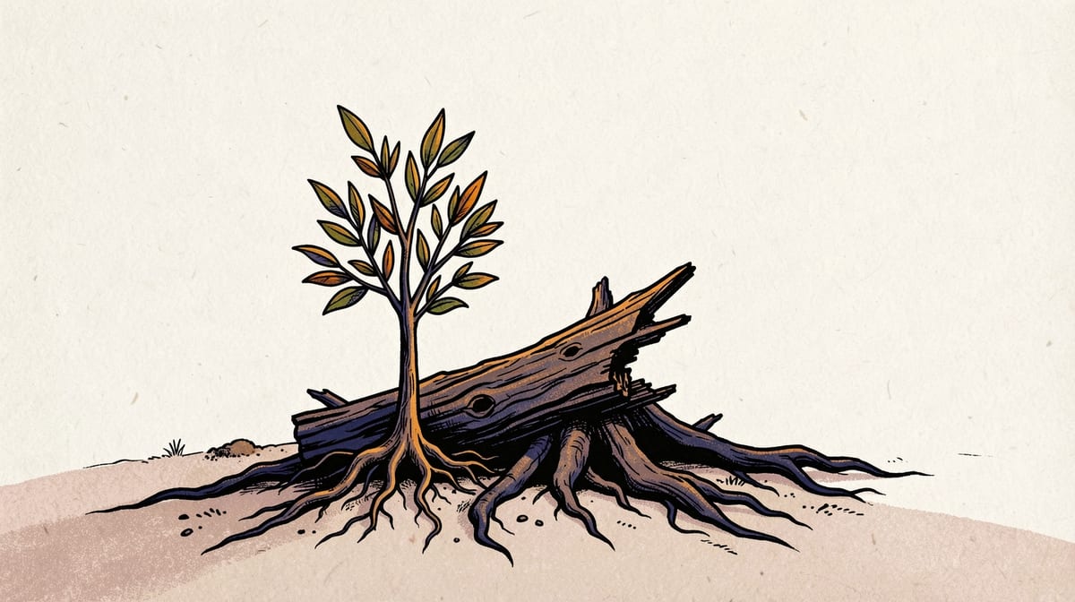 A young sapling grows upright beside a fallen giant sequoia, both trees rooted in the same dark soil.