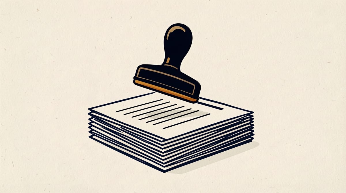 A rubber stamp suspended in mid-air above a stack of forms, captured at the moment before impact, with no visible hand holding it.
